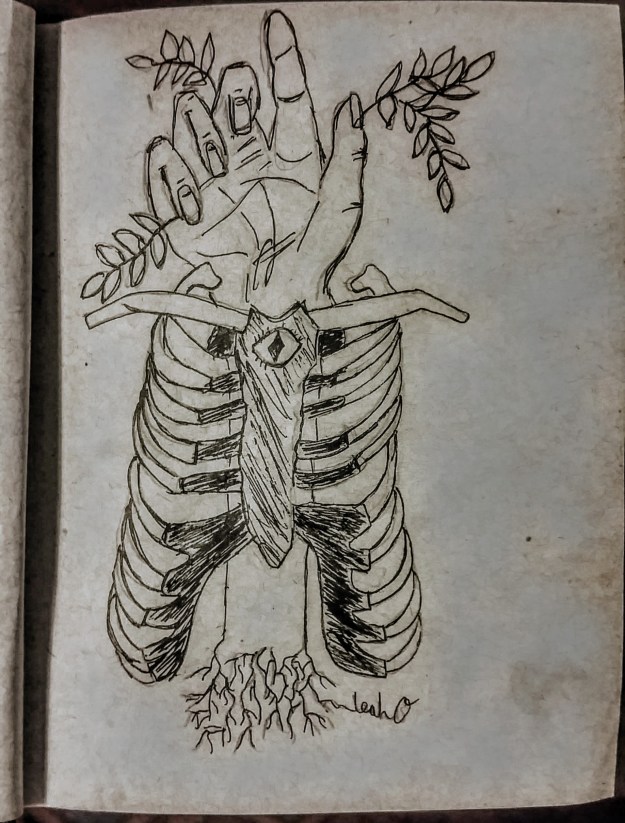 Illustration of a hand and arm with roots extruding from the arm, placed behind rib cage, single eye located on top portion of rib cage. Art by Leah Oviedo